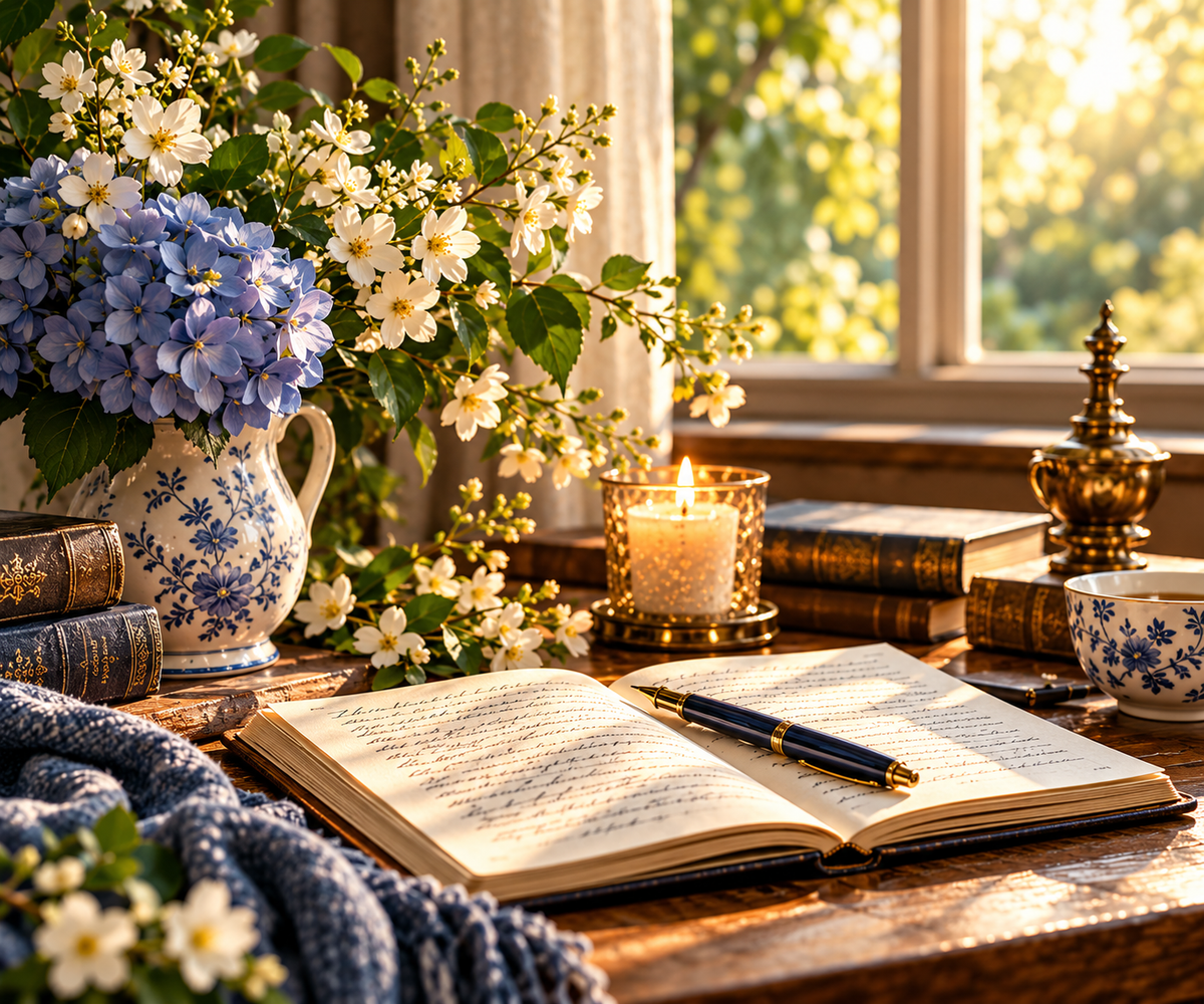 A warm sunlit reading space with an open journal, books, candlelight, and blue hydrangeas