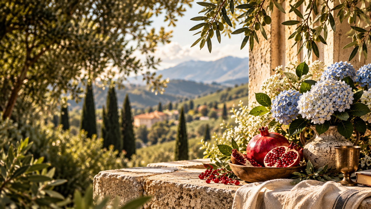 A peaceful garden still life with hydrangeas and pomegranates
