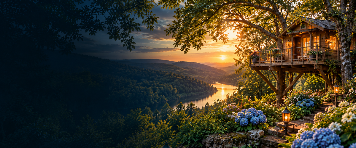 A warmly lit woodland retreat surrounded by trees and flowers at golden hour